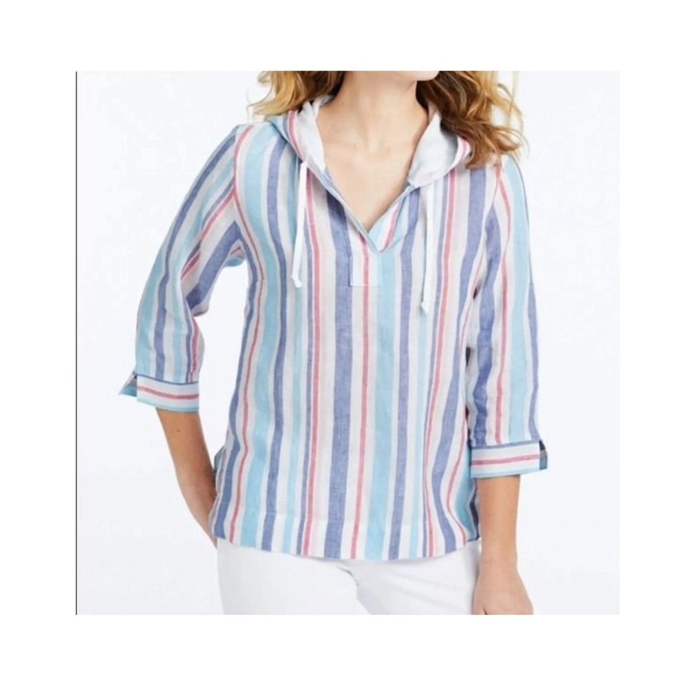 L.L.Bean Hoodie‎ Women XL Blue Red White Striped 100% Linen 3/4 Sleeve V-Neck